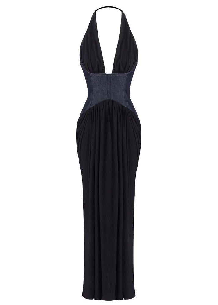 Flynn Halter Denim Corset Ruched Maxi Dress In Black