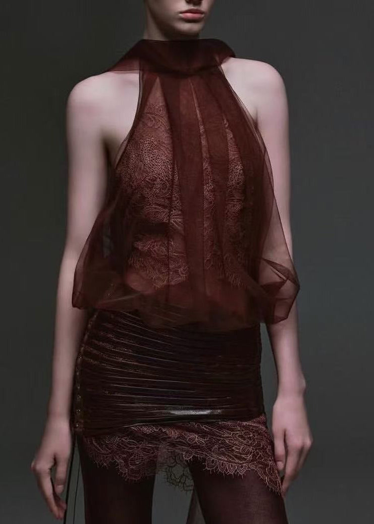 Kalif Halter Neck Mesh Lace Skirt Set
