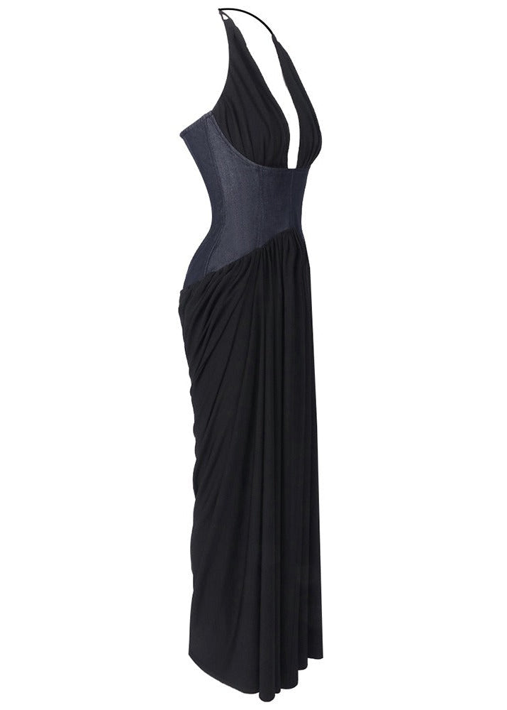 Flynn Halter Denim Corset Ruched Maxi Dress In Black
