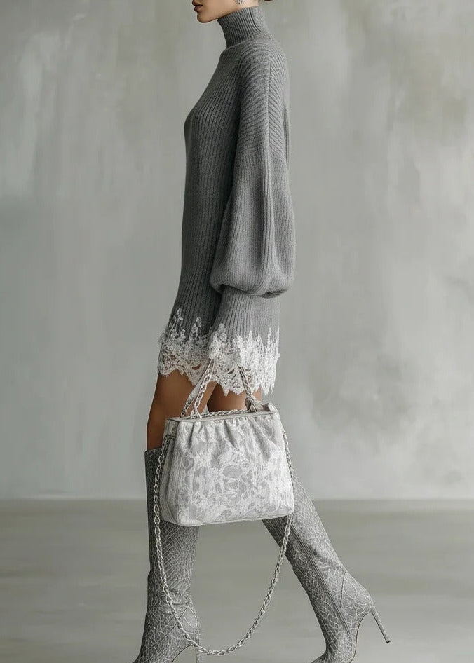 Kunihiro High Neck Knit Lace Mini Dress