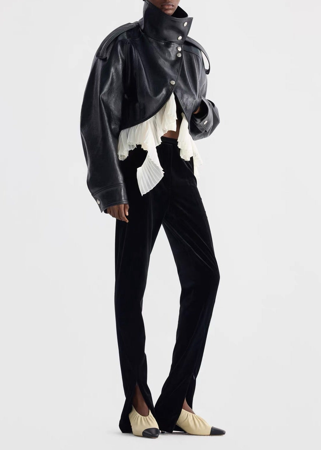 Kimeya High Neck Leather Ruffle Jacket In Black