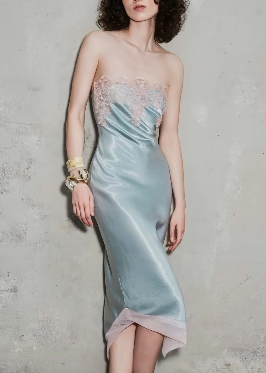 Kenadia Strapless Lace Satin Midi Dress