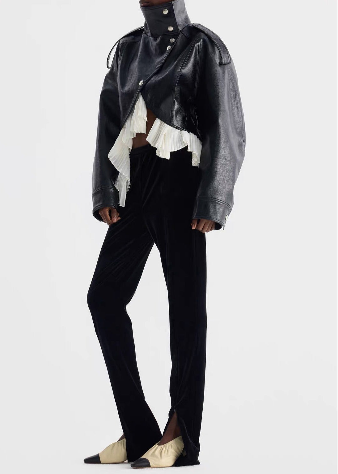 Kimeya High Neck Leather Ruffle Jacket In Black