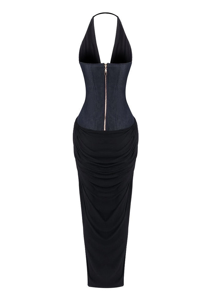 Flynn Halter Denim Corset Ruched Maxi Dress In Black