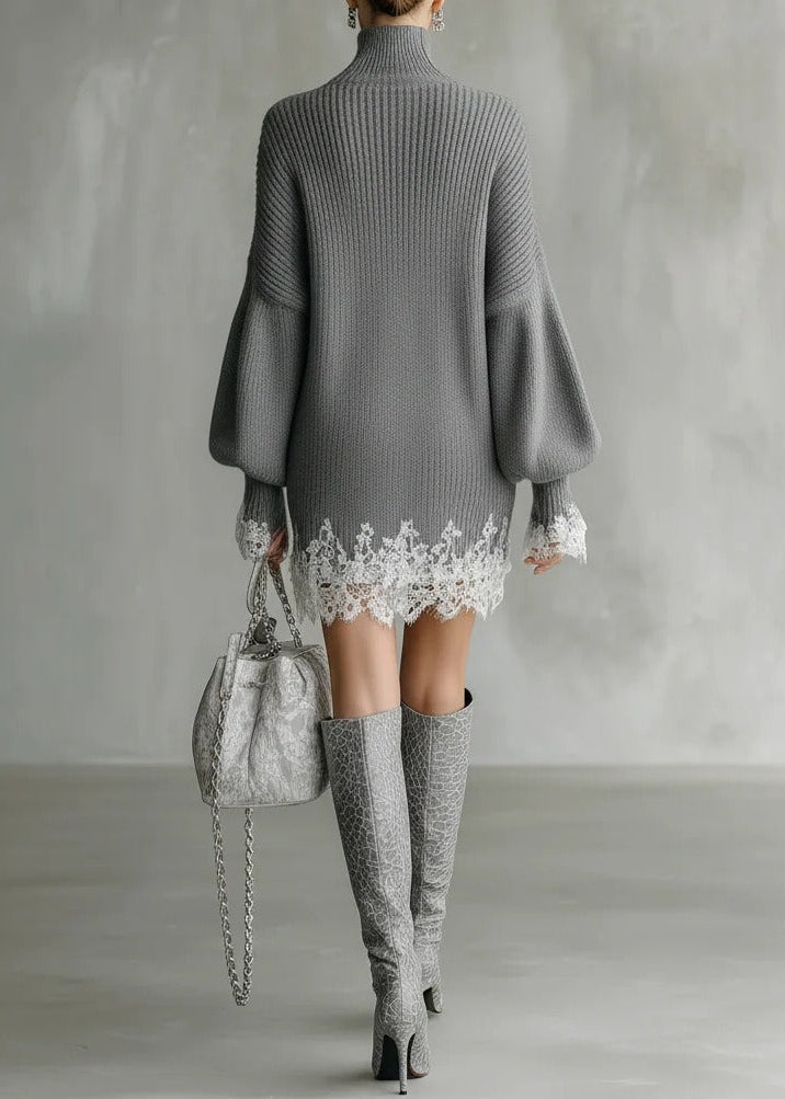Kunihiro High Neck Knit Lace Mini Dress