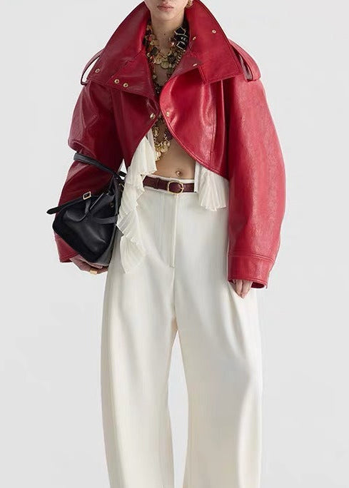 Kimeya High Neck Leather Ruffle Jacket