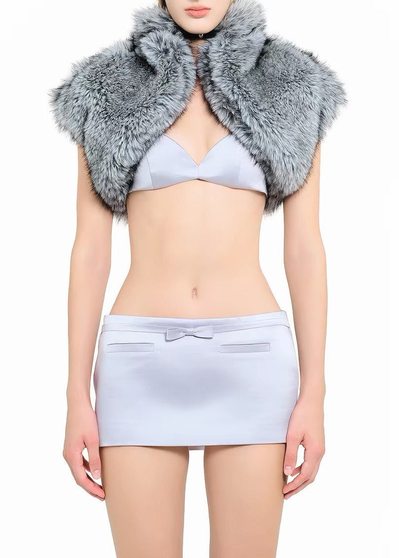 Kolsana Crop Faux Fur Top In Gray