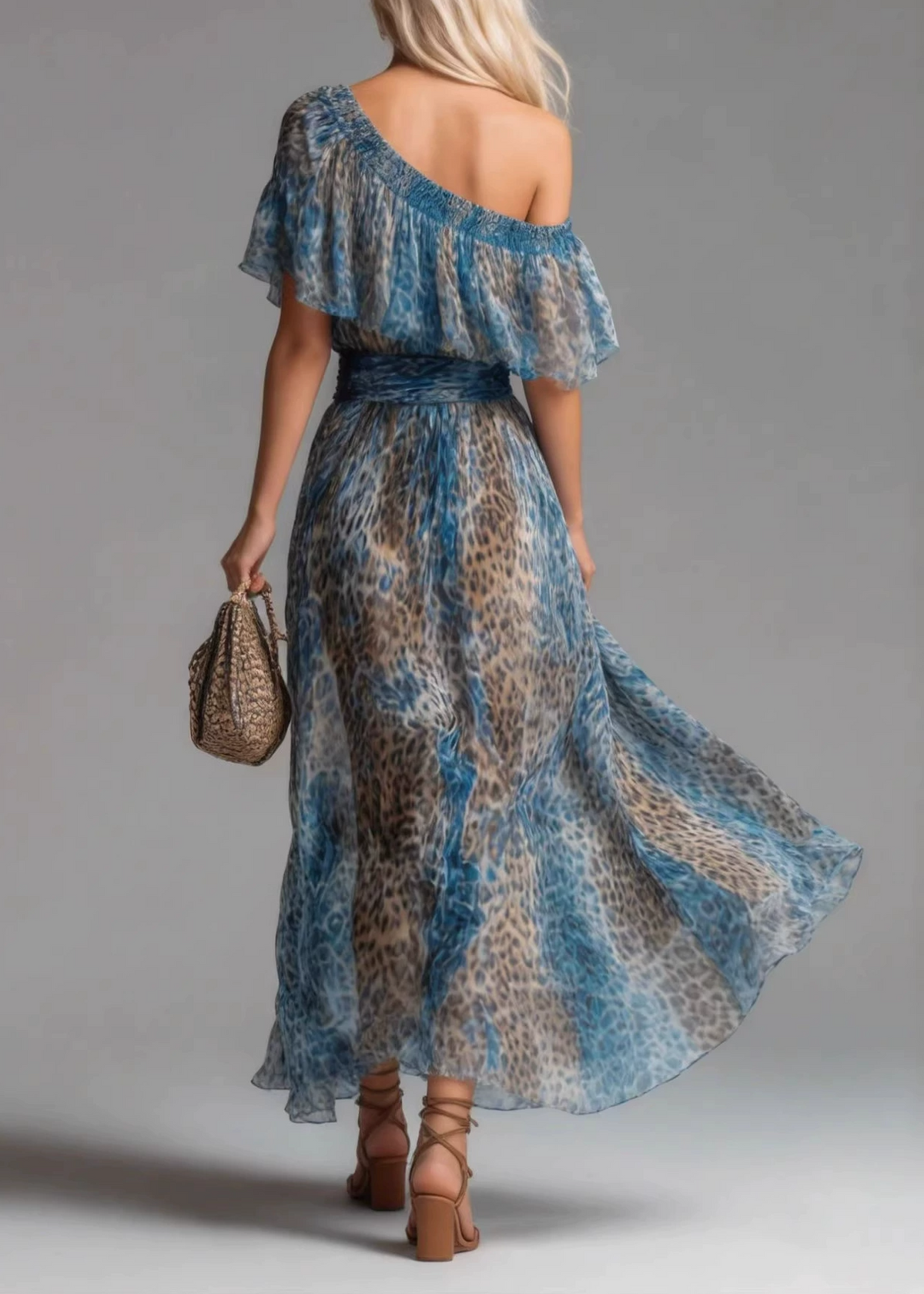 Kazumi One Shoulder Leopard Ruch Maxi Dress