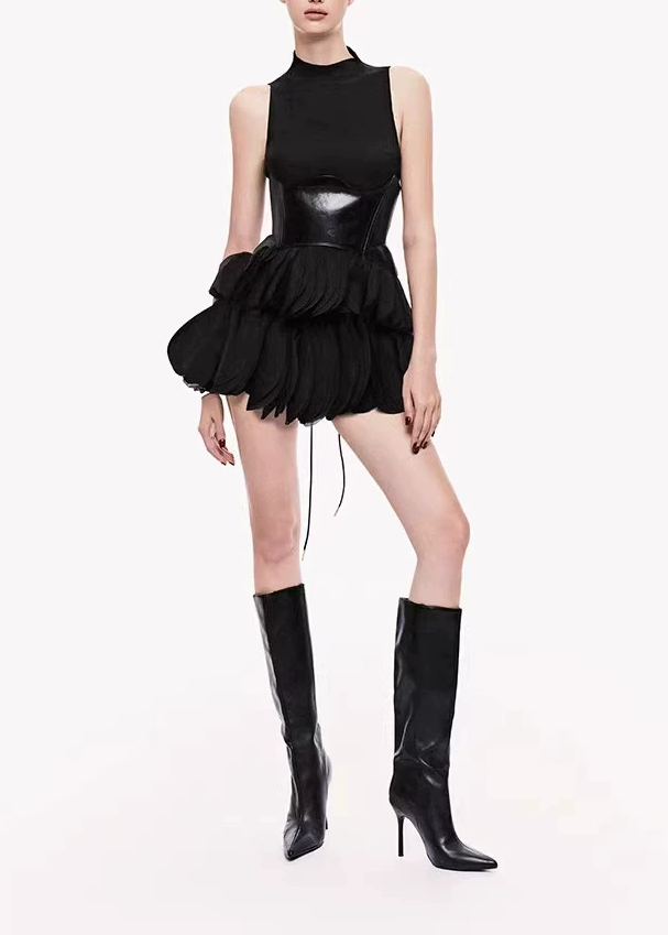 Ipatiy Sleeveless Leather Ruch Mini Dress