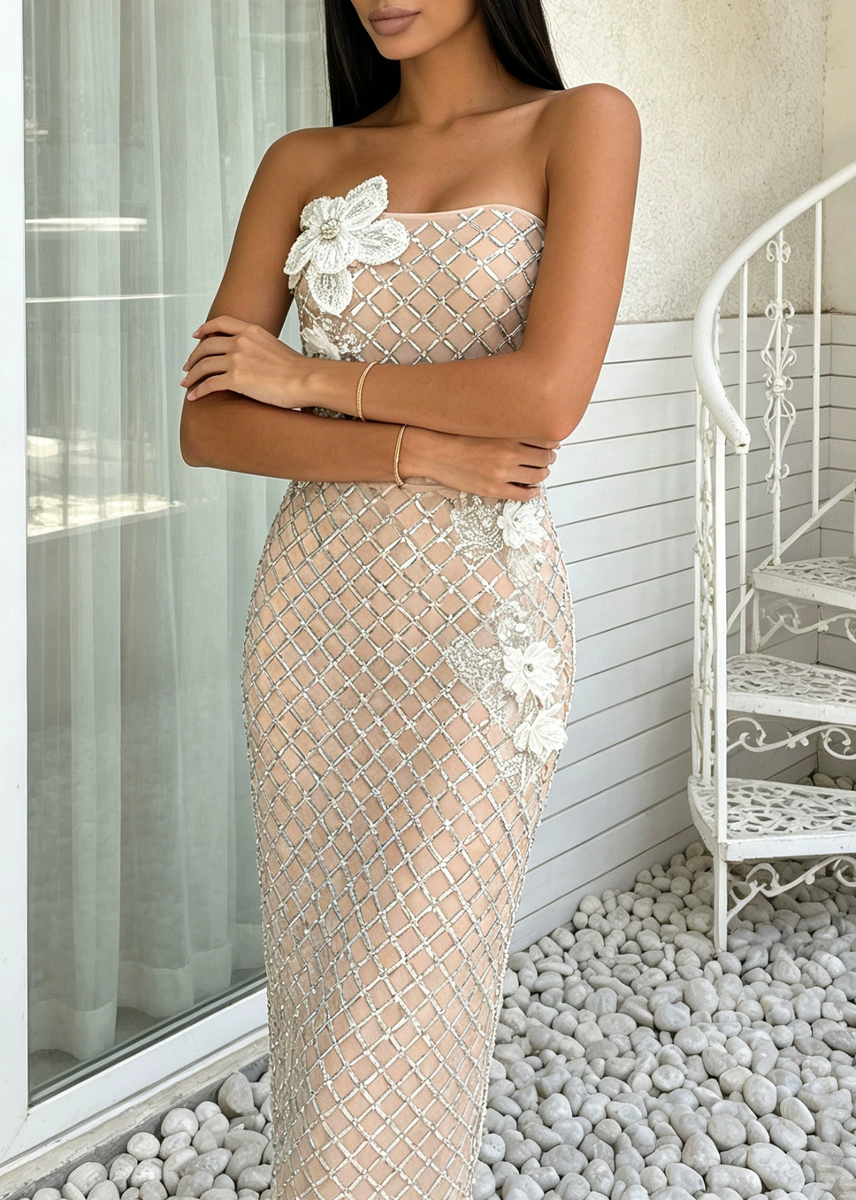 Ittay Strapless Flower Embellished Midi Dress