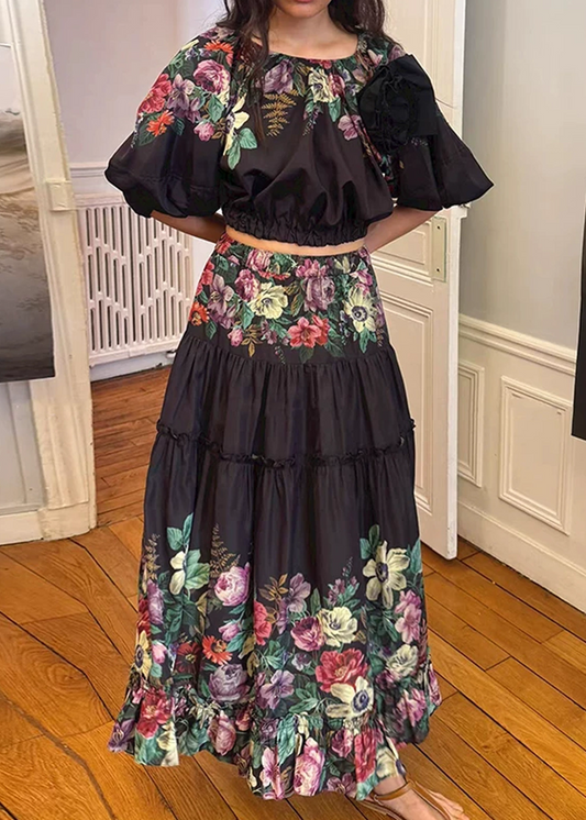 Ferdous Balloon Sleeve Flower Ruch Skirt Set