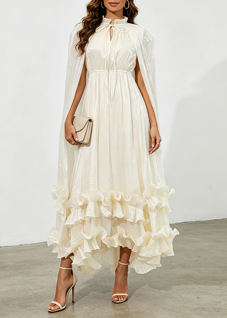 Fusun Satin Shawl Ruffle Midi Dress