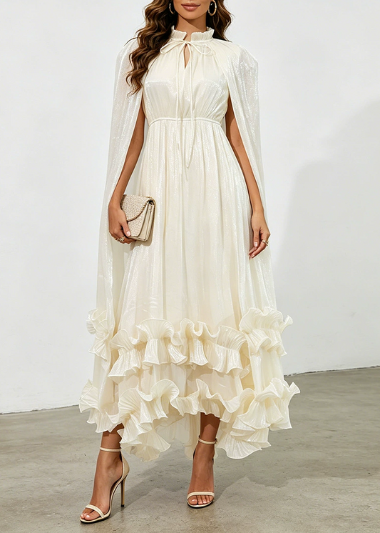 Fusun Satin Shawl Ruffle Midi Dress