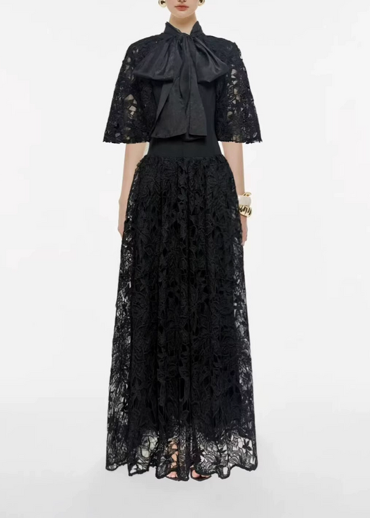 Gabino Tie Up Embroidered Maxi Dress In Black