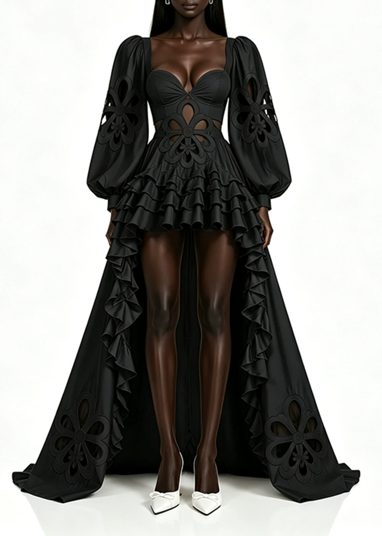 Kanti Balloon Sleeve Ruffle High Low Dress In Black
