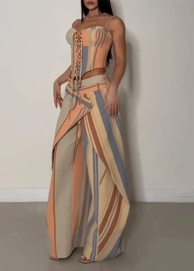 Kinfe Spaghetti Lace Up Stripe Pants Set