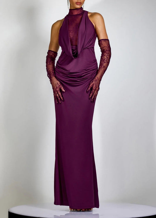 Jemma Cowl Neck Ruch Lace Maxi Dress In Purple