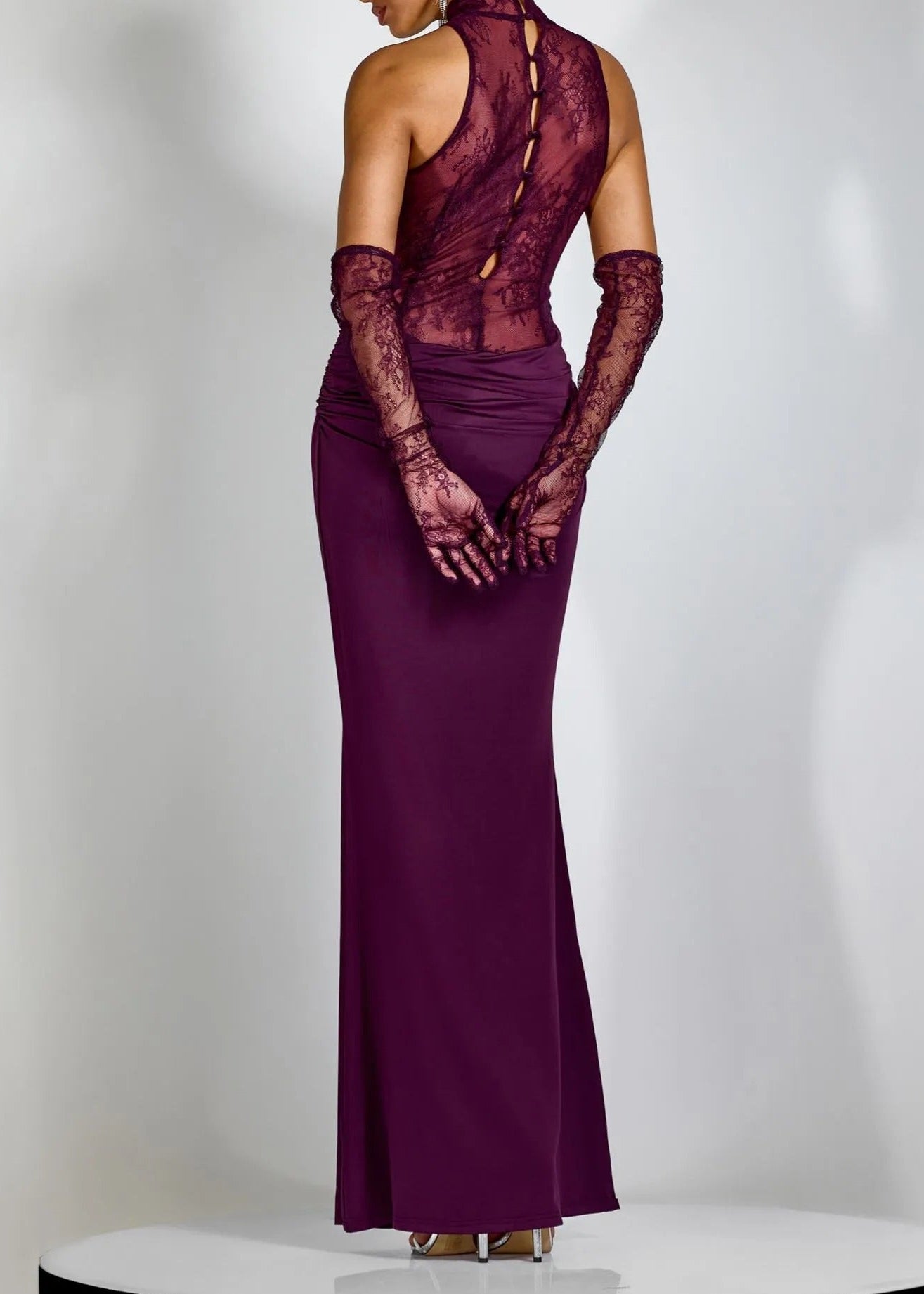 Jemma Cowl Neck Ruch Lace Maxi Dress In Purple