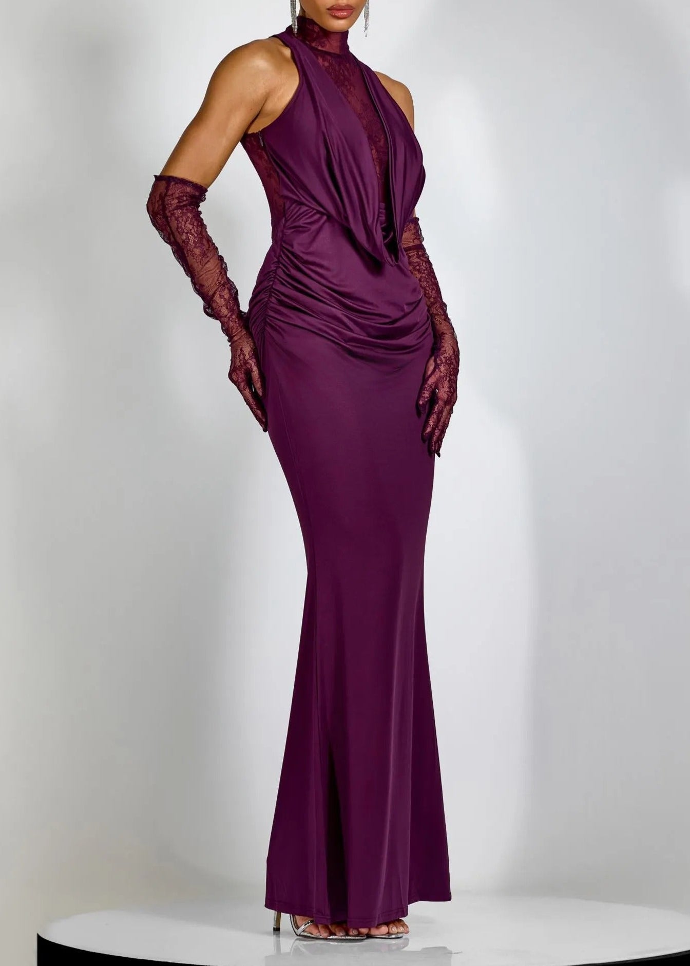 Jemma Cowl Neck Ruch Lace Maxi Dress In Purple