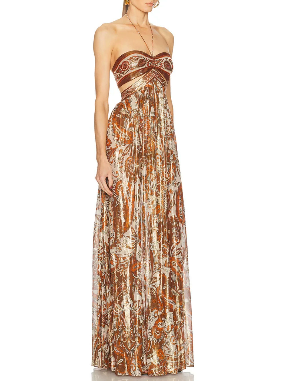 Fflur Halter Neck Paisley Cutout Maxi Dress