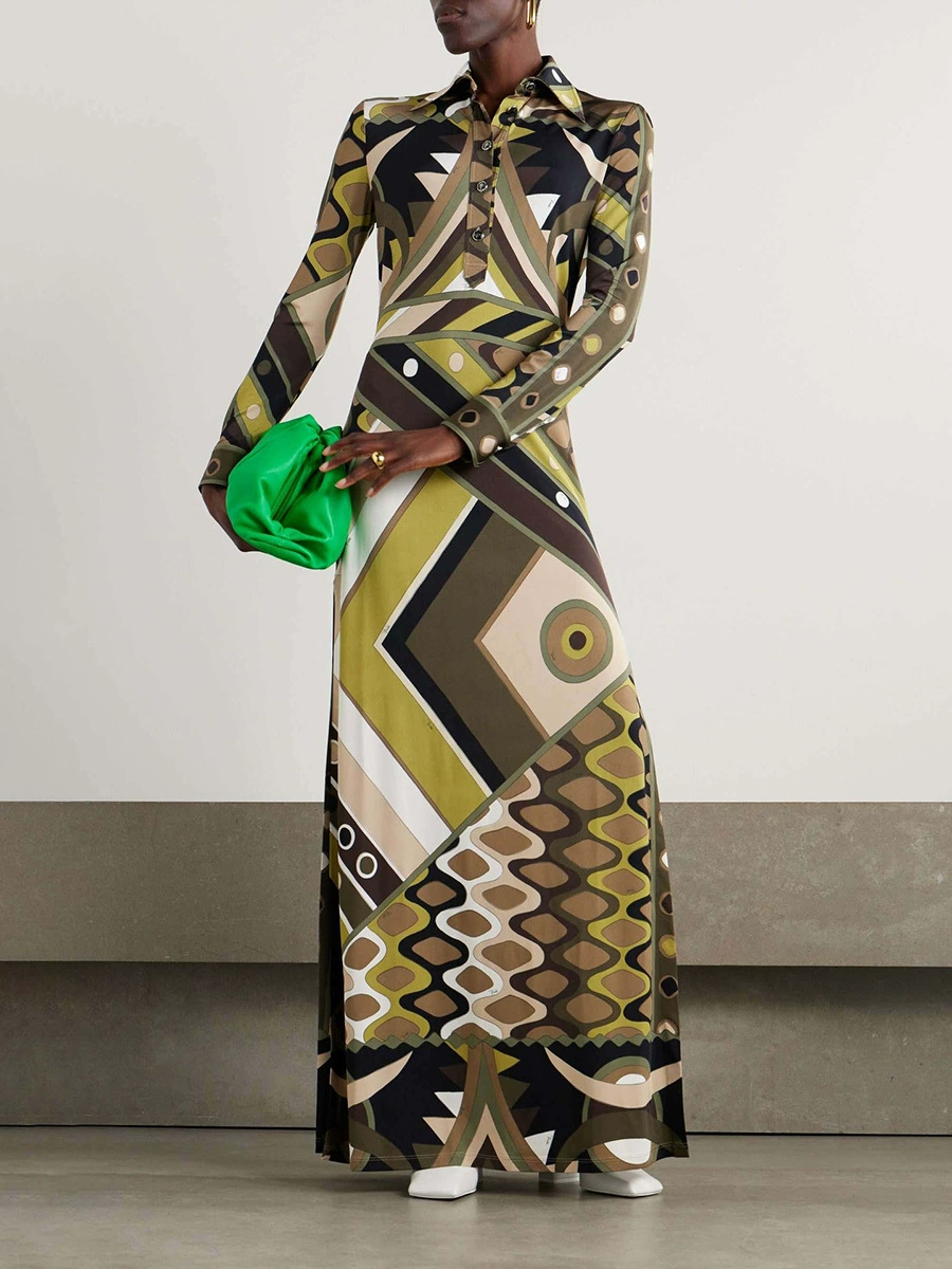 Hardy Lapel Print Maxi Dress In Light Brown