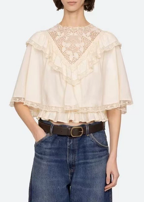 Dermid Lace Ruffle Shawl Top In Beige