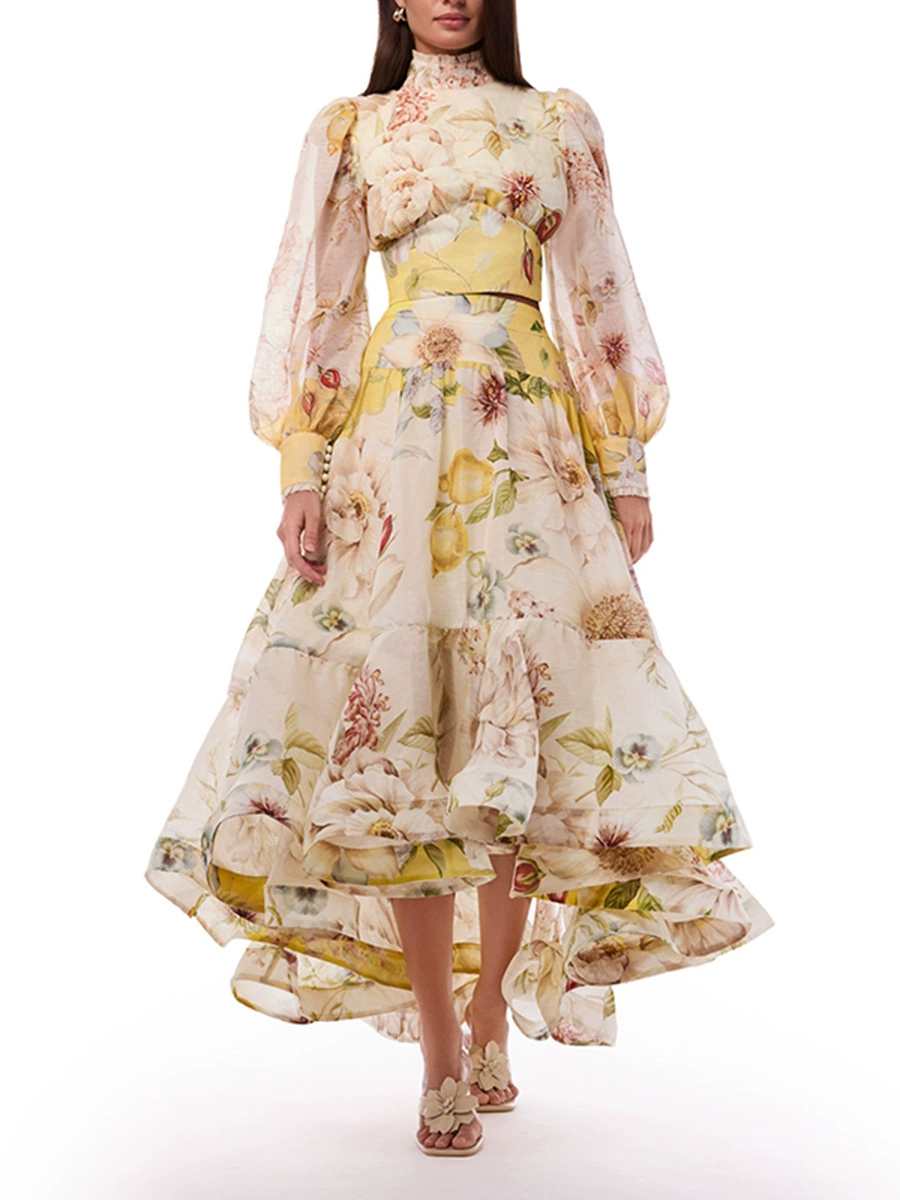 Kamand Balloon Sleeve Floral Skirt Set