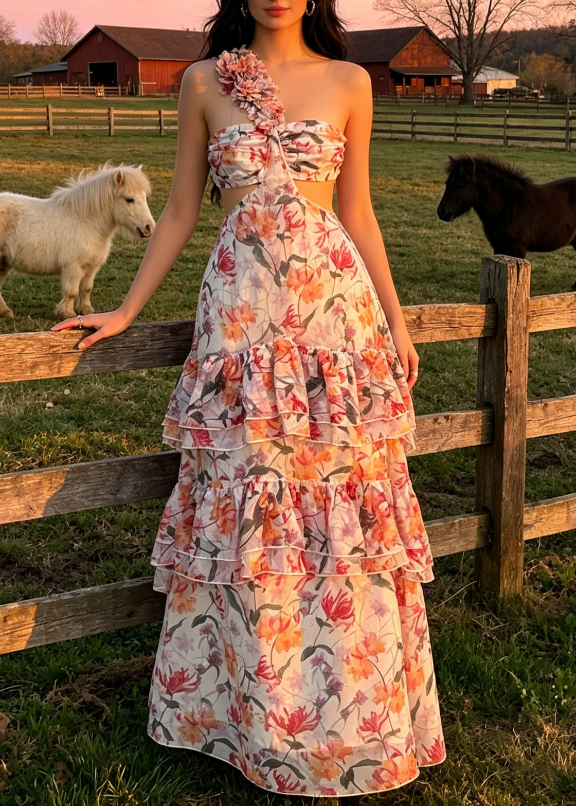Ilqar One Shoulder Cutout Floral Maxi Dress