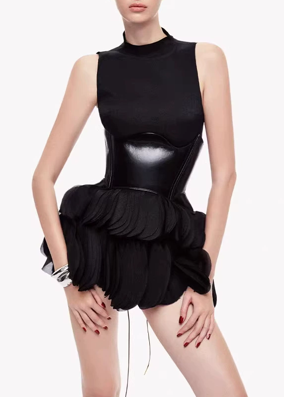 Ipatiy Sleeveless Leather Ruch Mini Dress