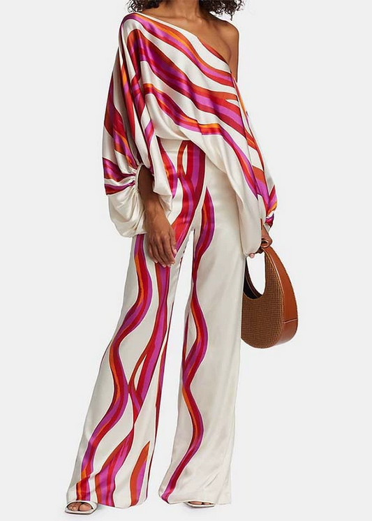 Kaushal Off Shoulder Stripe Pants Set
