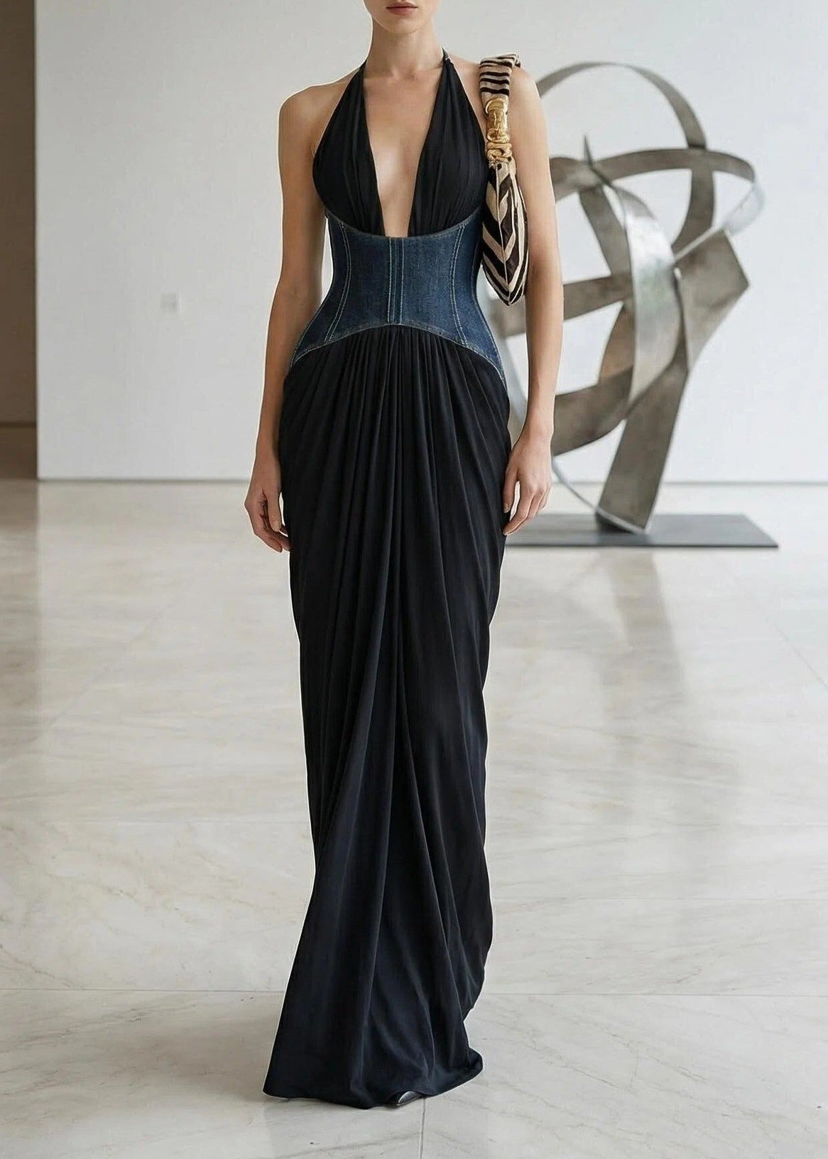 Flynn Halter Denim Corset Ruched Maxi Dress In Black