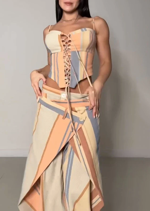 Kinfe Spaghetti Lace Up Stripe Pants Set