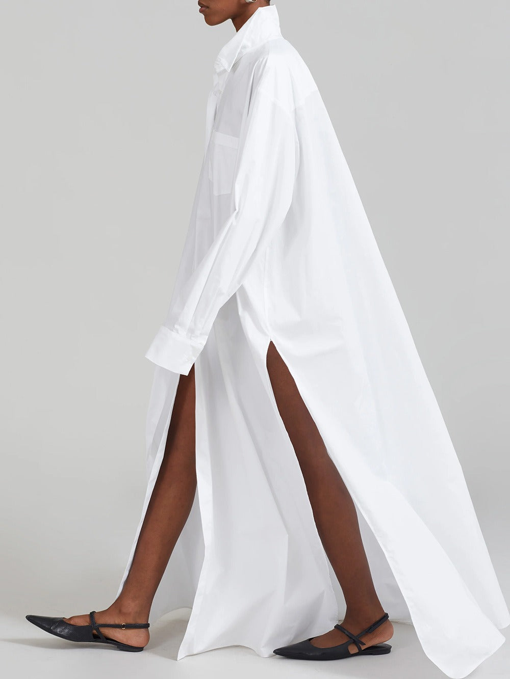 Karna Long Sleeve Split Maxi Shirt Dress In White