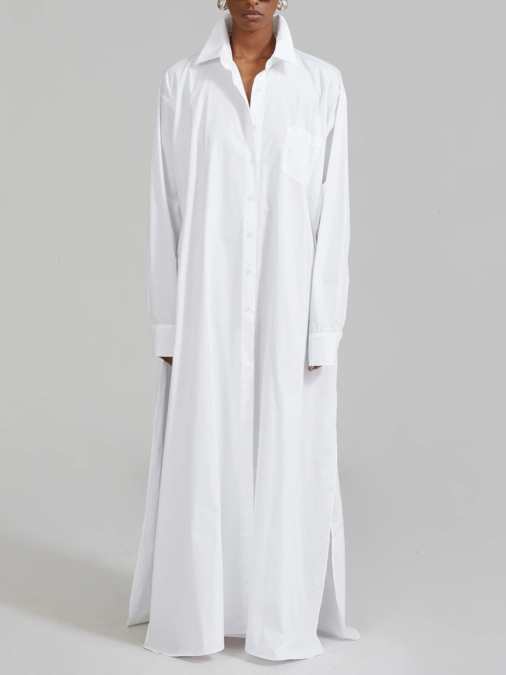 Karna Long Sleeve Split Maxi Shirt Dress In White