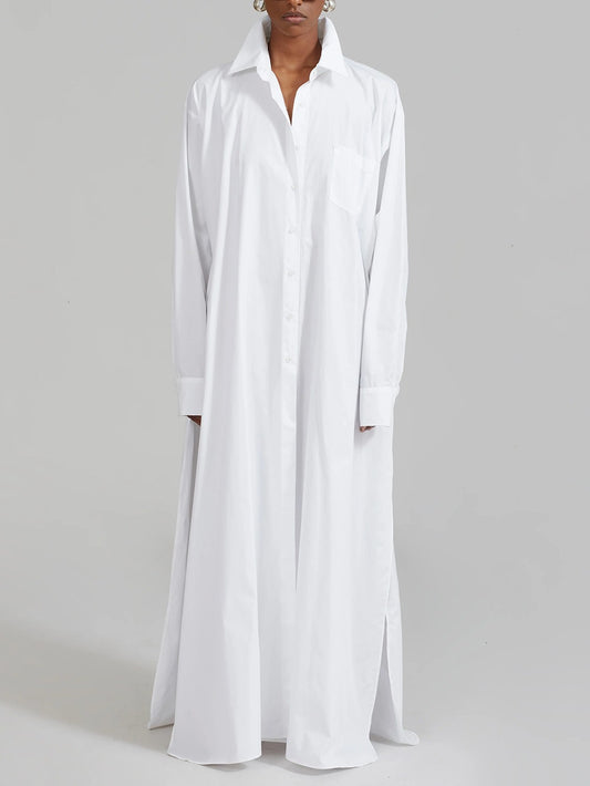 Karna Long Sleeve Split Maxi Shirt Dress In White