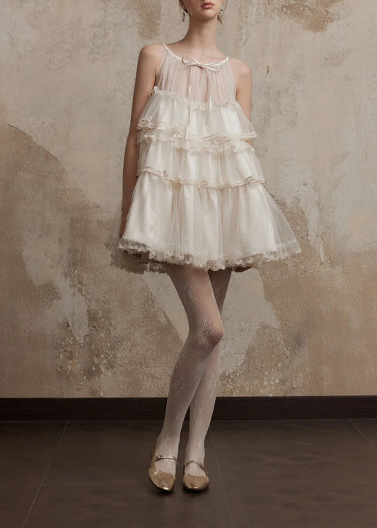 Femme Sleeveless Mesh Puffy Mini Dress In White