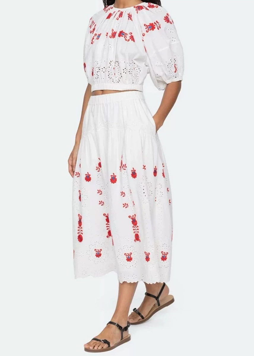 Kaiha Puff Sleeve Embroided Floral Skirt Set