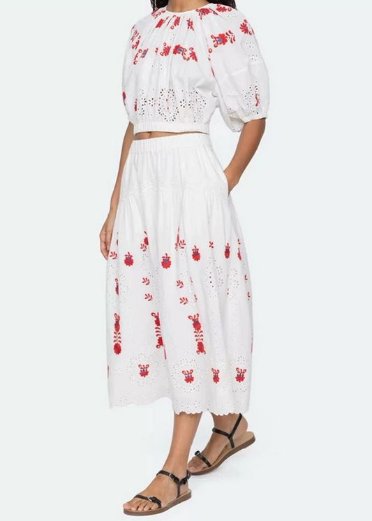 Kaiha Puff Sleeve Embroided Floral Skirt Set
