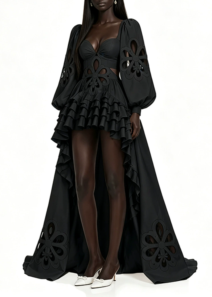 Kanti Balloon Sleeve Ruffle High Low Dress In Black