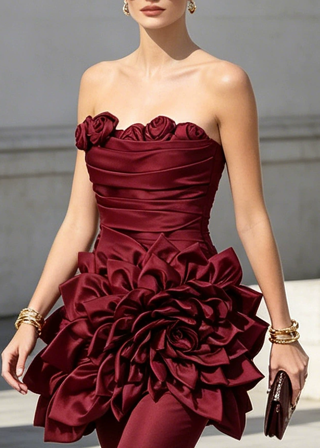 Ibrahima Flower Strapless Mini Dress In Wine