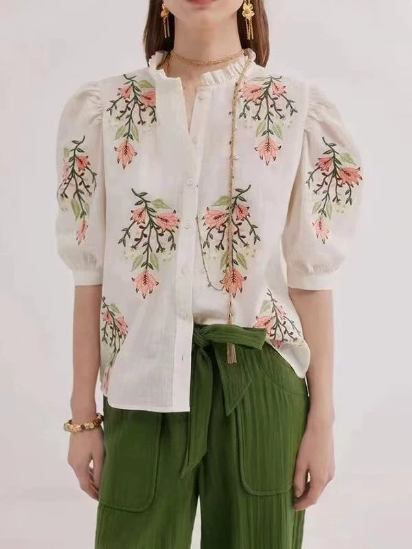 Hermine Puff Sleeve Embroidered Floral Top