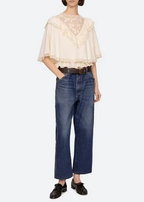 Dermid Lace Ruffle Shawl Top In Beige