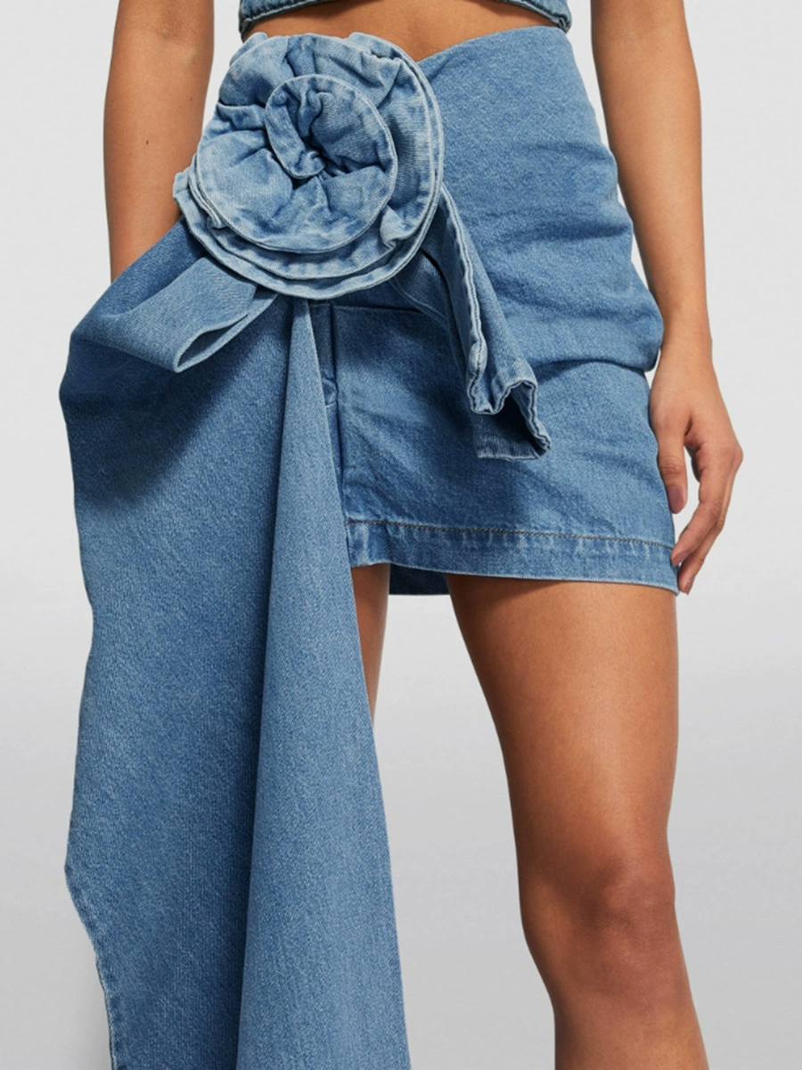 Kalil Flower Denim Fringe Mini Skirt