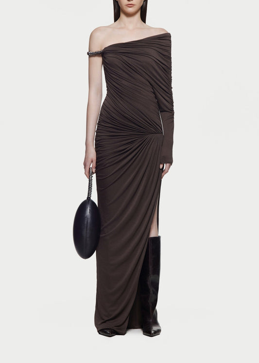 Hachiro Ruch Asymmetric Maxi Dress In Brown