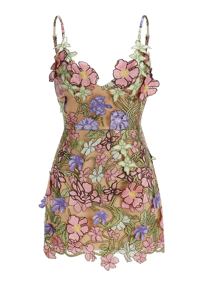 Jayanti Spaghetti Embroidered Flower Mini Dress
