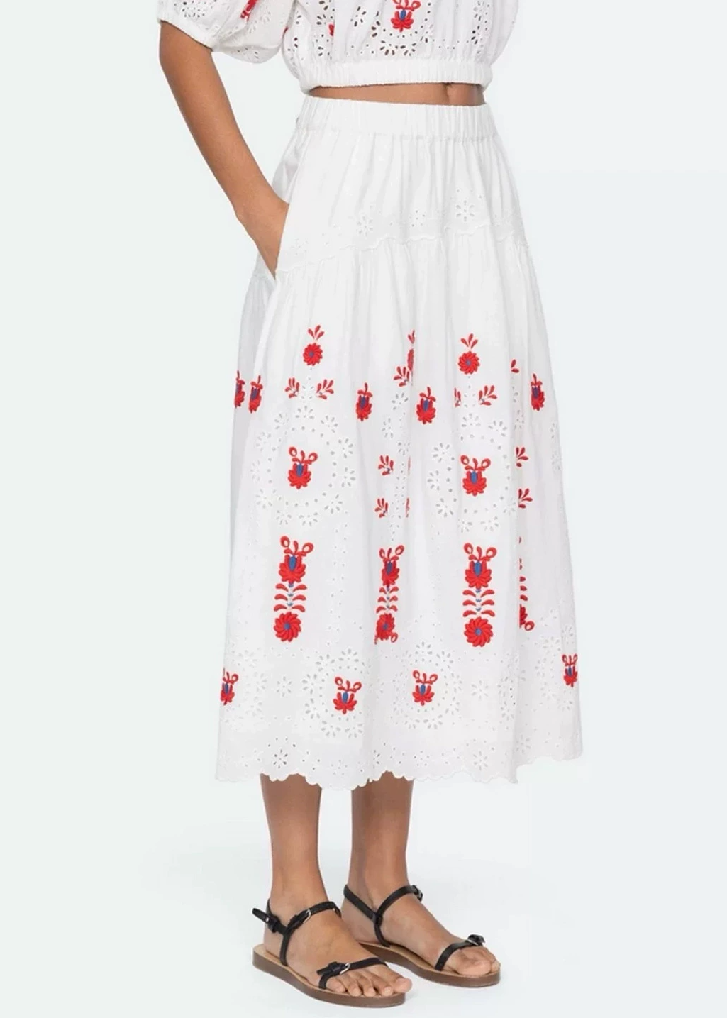 Kaiha Puff Sleeve Embroided Floral Skirt Set