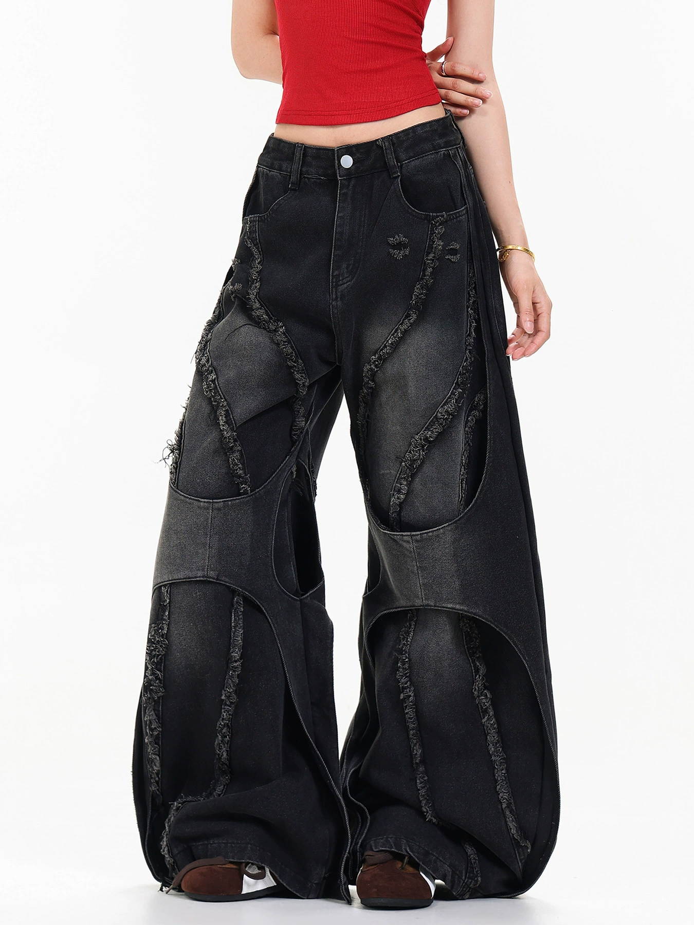 Kahlilia Bleached Fringe Baggy Jeans