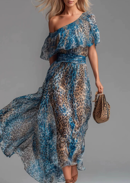 Kazumi One Shoulder Leopard Ruch Maxi Dress